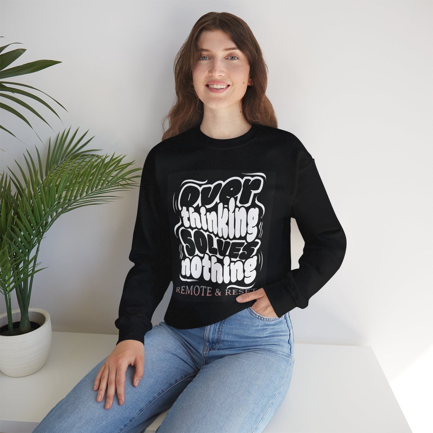 "Overthinking Solves Nothing" Graphic Pullover (Remote & Reset)-Crewneck Sweatshirt —