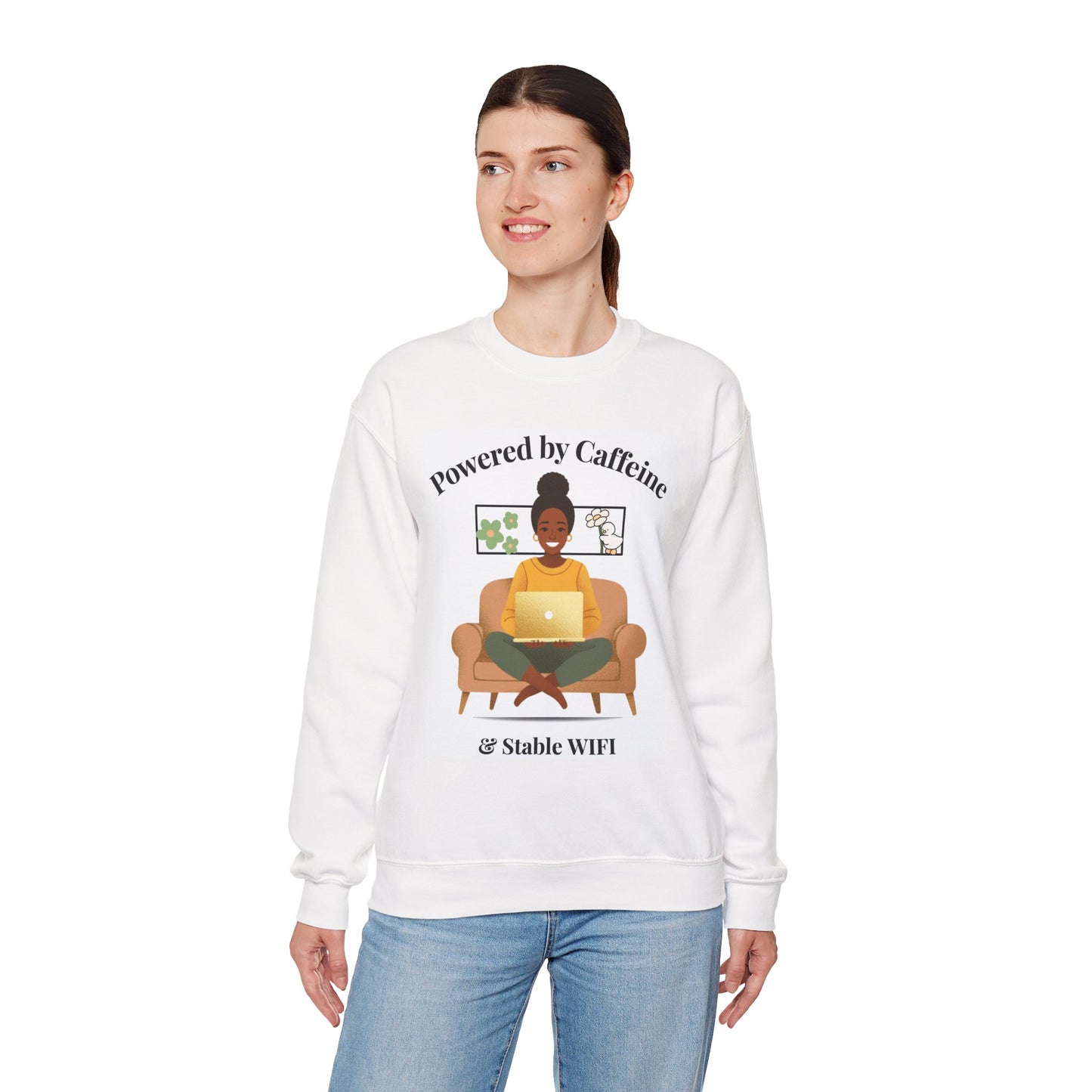 Crewneck Sweatshirt — "Powered by Caffeine & Stable WiFi" Cozy Work-From-Home Graphic